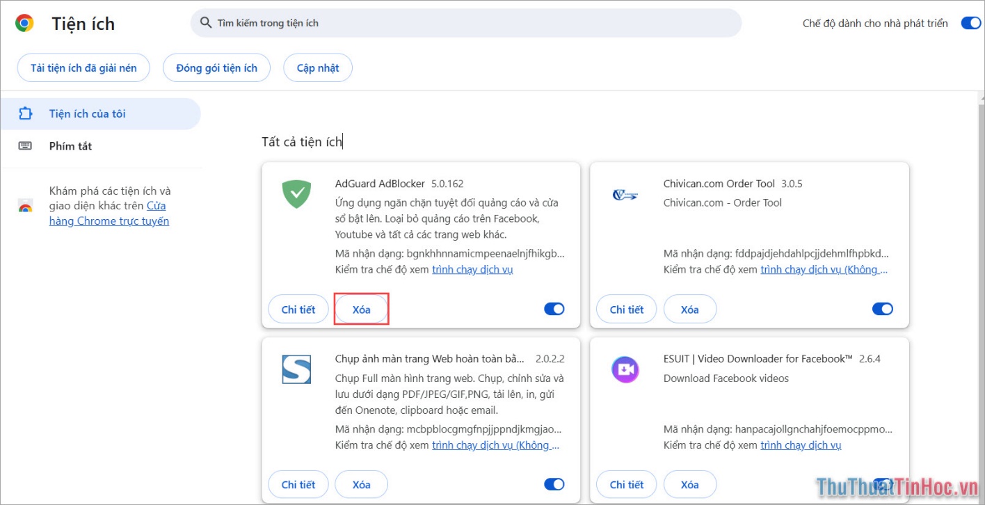 Chọn Xóa để gỡ tiện ích đã thêm vào Chrome trước đó