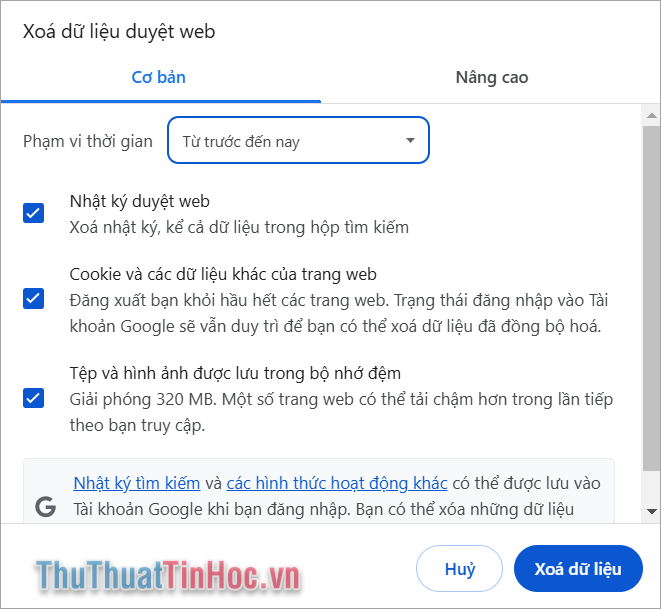 Chọn Xóa dữ liệu để thực hiện xóa Cache trên Chrome.