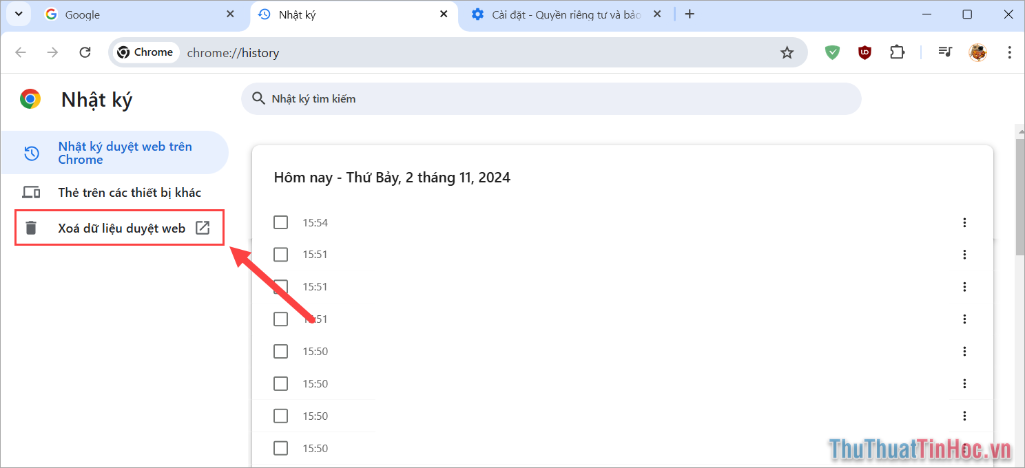 Chọn Xóa dữ liệu duyệt Web để tiến hành xóa Cache lưu trữ trên Chrome