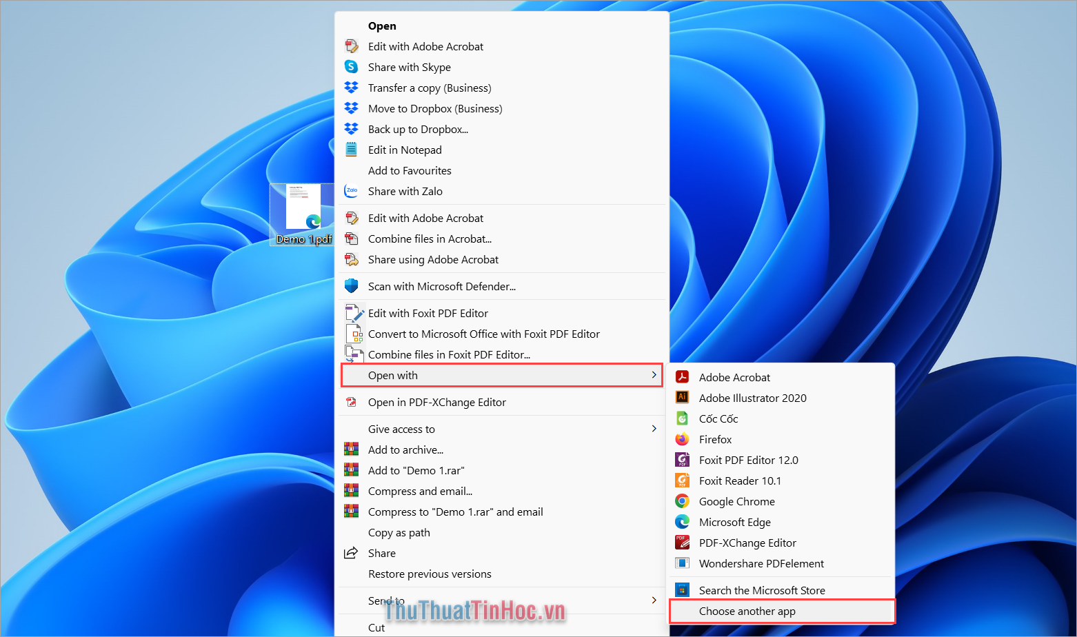 Click chuột phải vào file PDF → Open with → Choose another app
