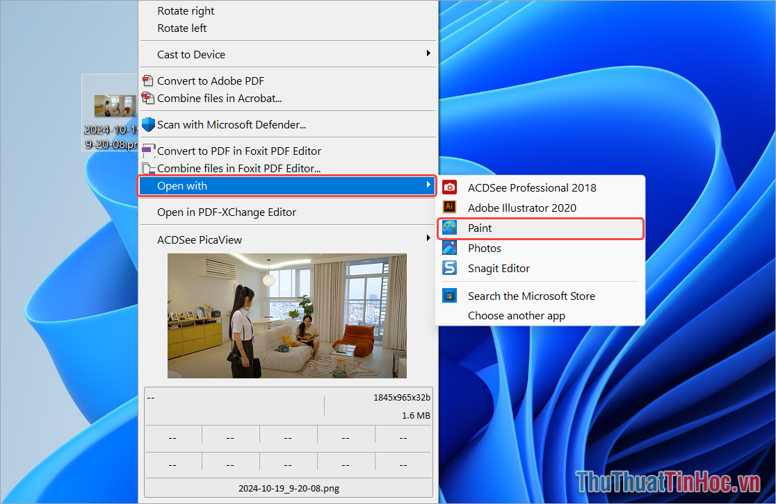 Click chuột phải vào hình ảnh, chọn Open With → Paint
