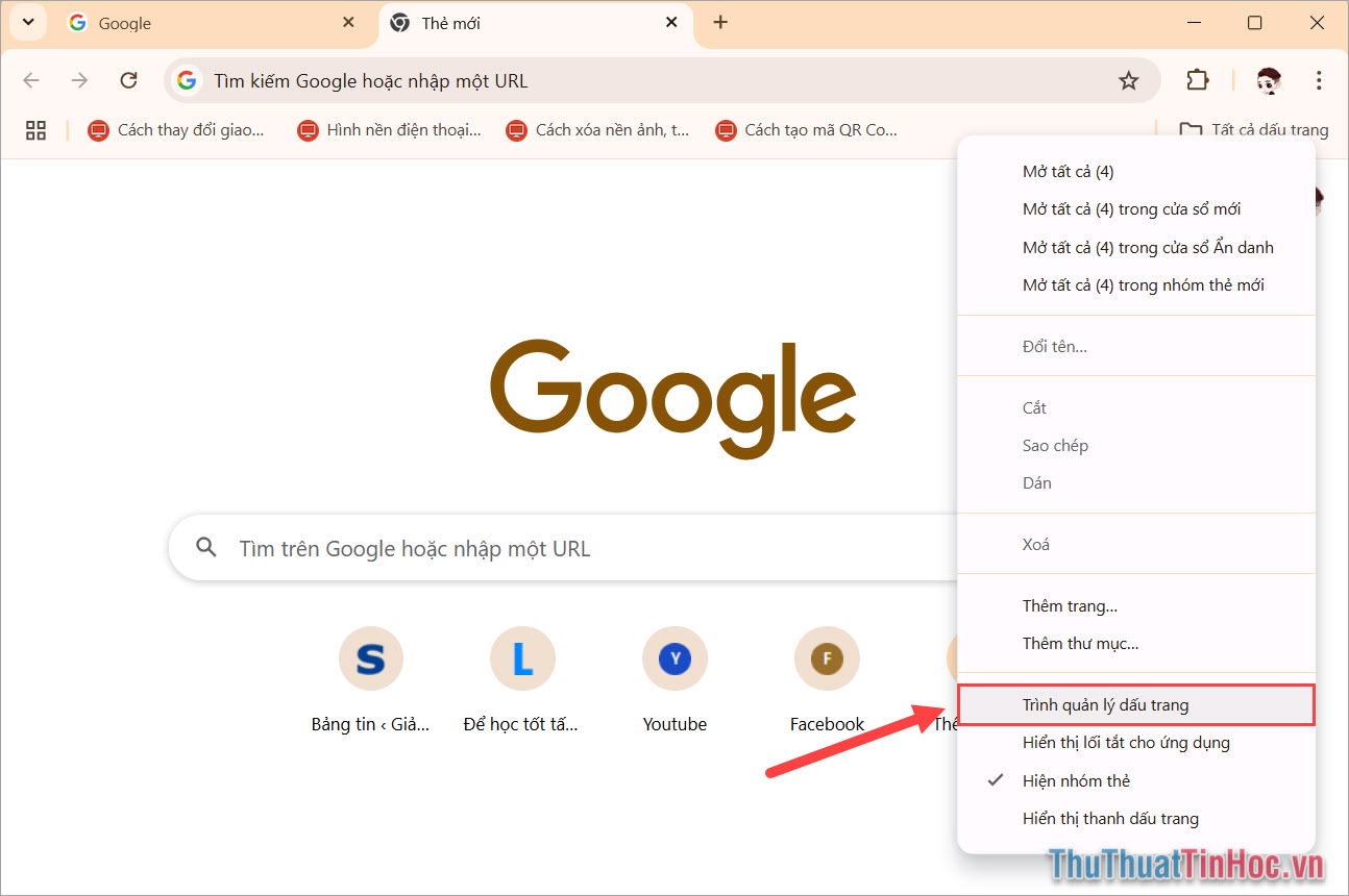 Click chuột phải vào thanh dấu và chọn Trình quản lý dấu trang Click chuột phải vào thanh dấu và chọn Trình quản lý dấu trang