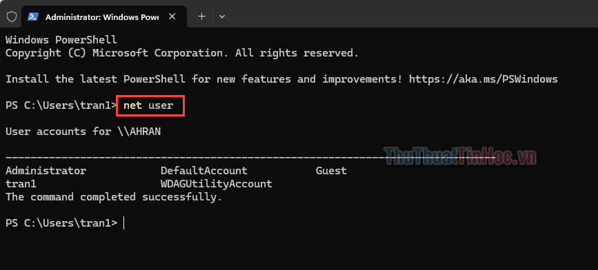 Gõ net user để danh sách tài khoản người dùng và nhấn Enter Gõ net user để danh sách tài khoản người dùng và nhấn Enter