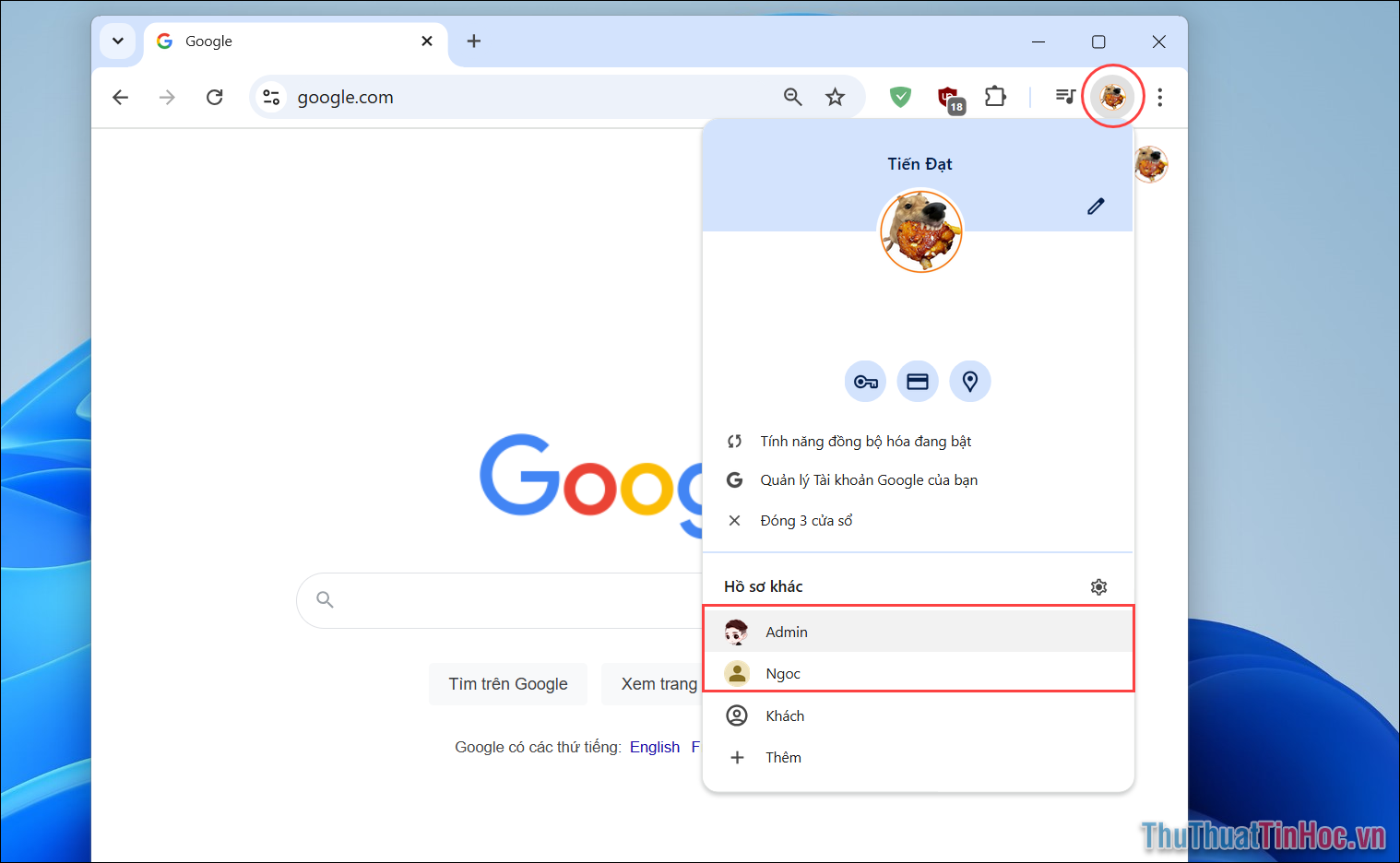 Google Chrome và chuyển sang tài khoản của người dùng