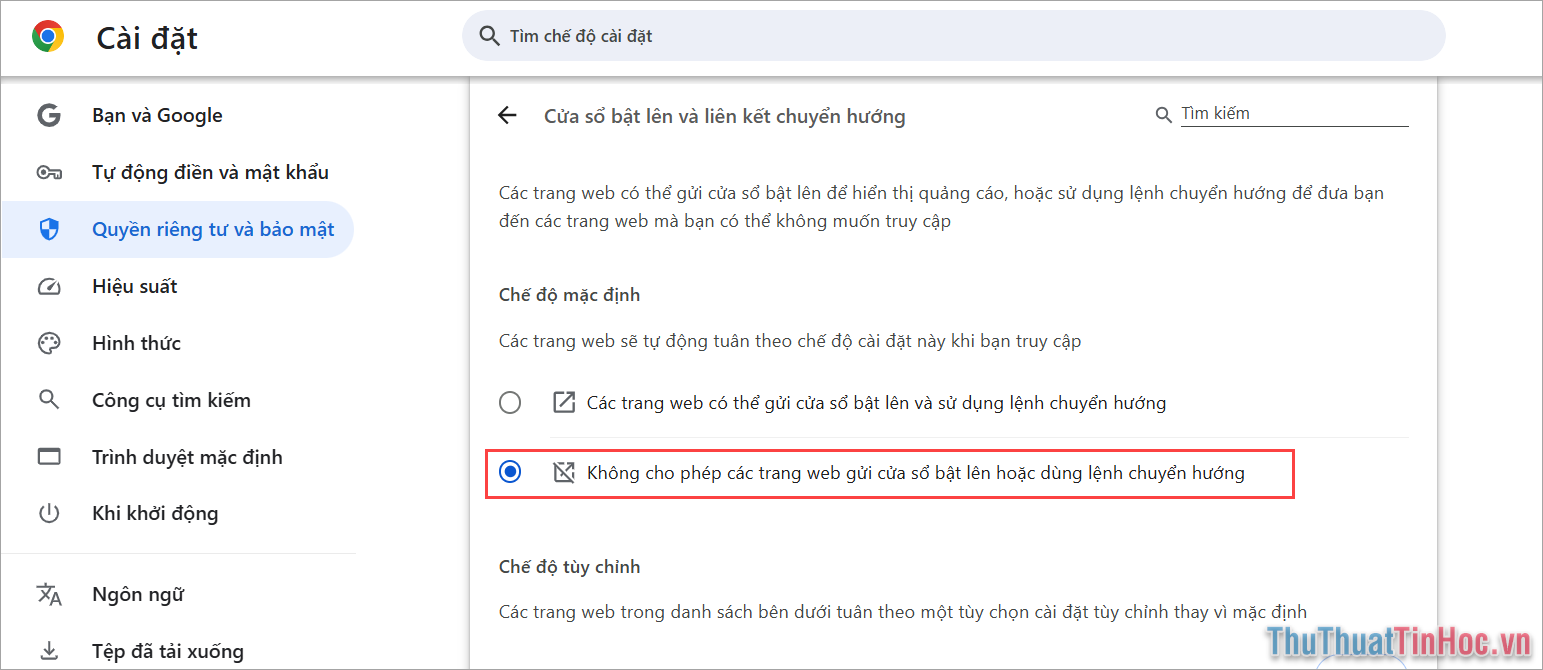 Không cho phép các trang web gửi cửa sổ bật lên hoặc dùng lệnh chuyển hướng