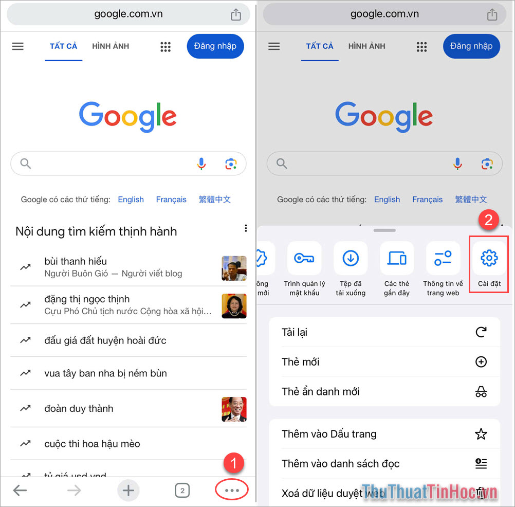 Mở trình duyệt Chrome trên điện thoại, ấn Tùy chọn (1) → Cài đặt (2)