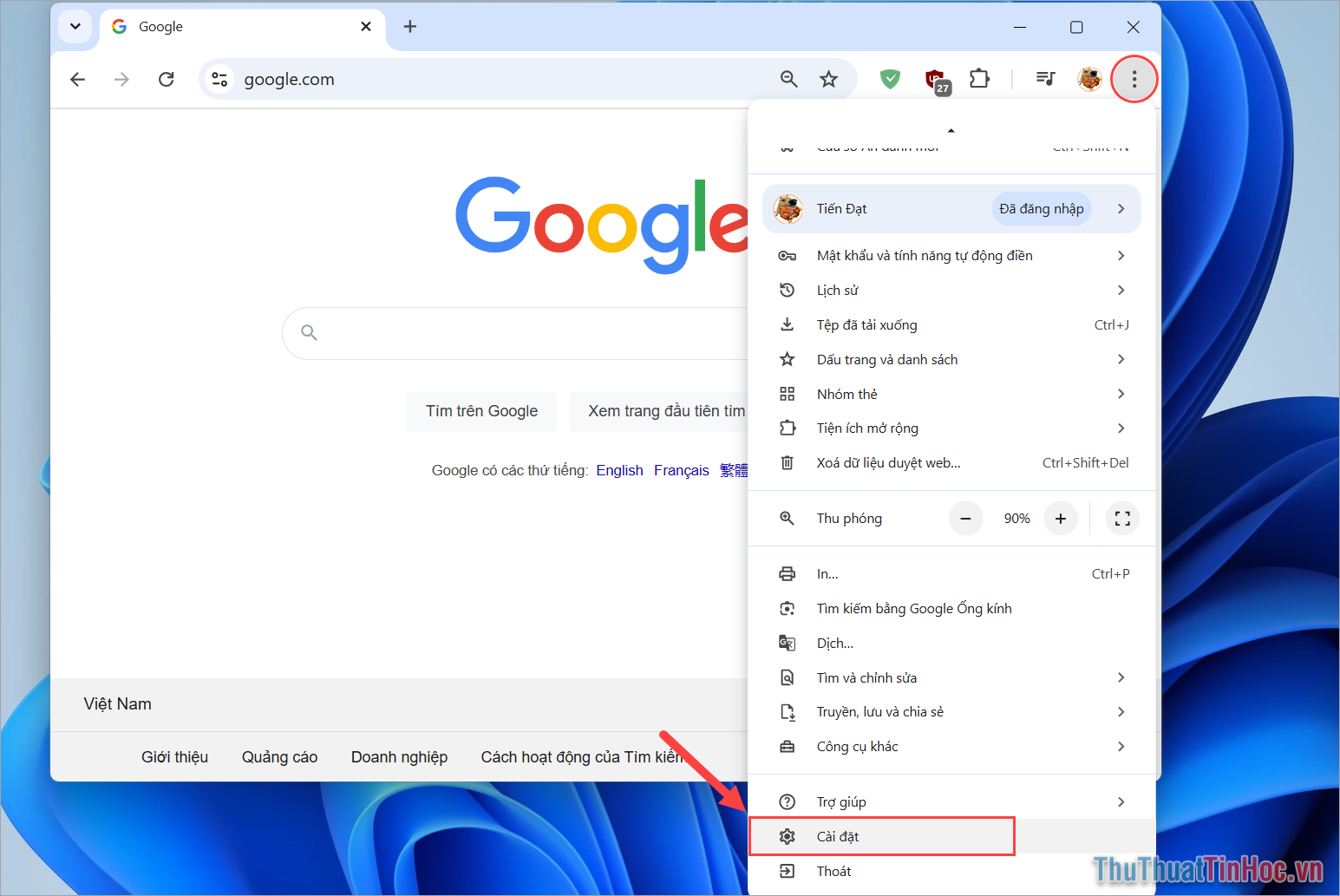 Mở trình duyệt Chrome trên máy tính, ấn Biểu tượng → Cài đặt