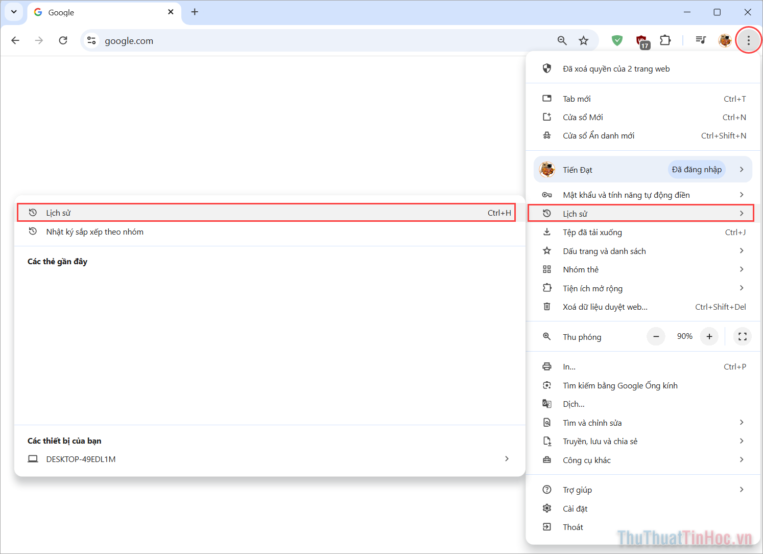 Nhấn tổ hợp phím Windows + H để mở lịch sử trên trình duyệt
