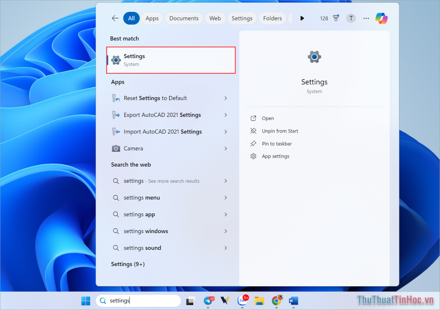 Nhập từ khóa Settings vào thanh tìm kiếm để mở Cài đặt