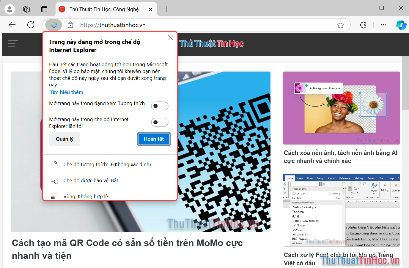 Trang Web sẽ được khởi động lại với chế độ Internet Explorer