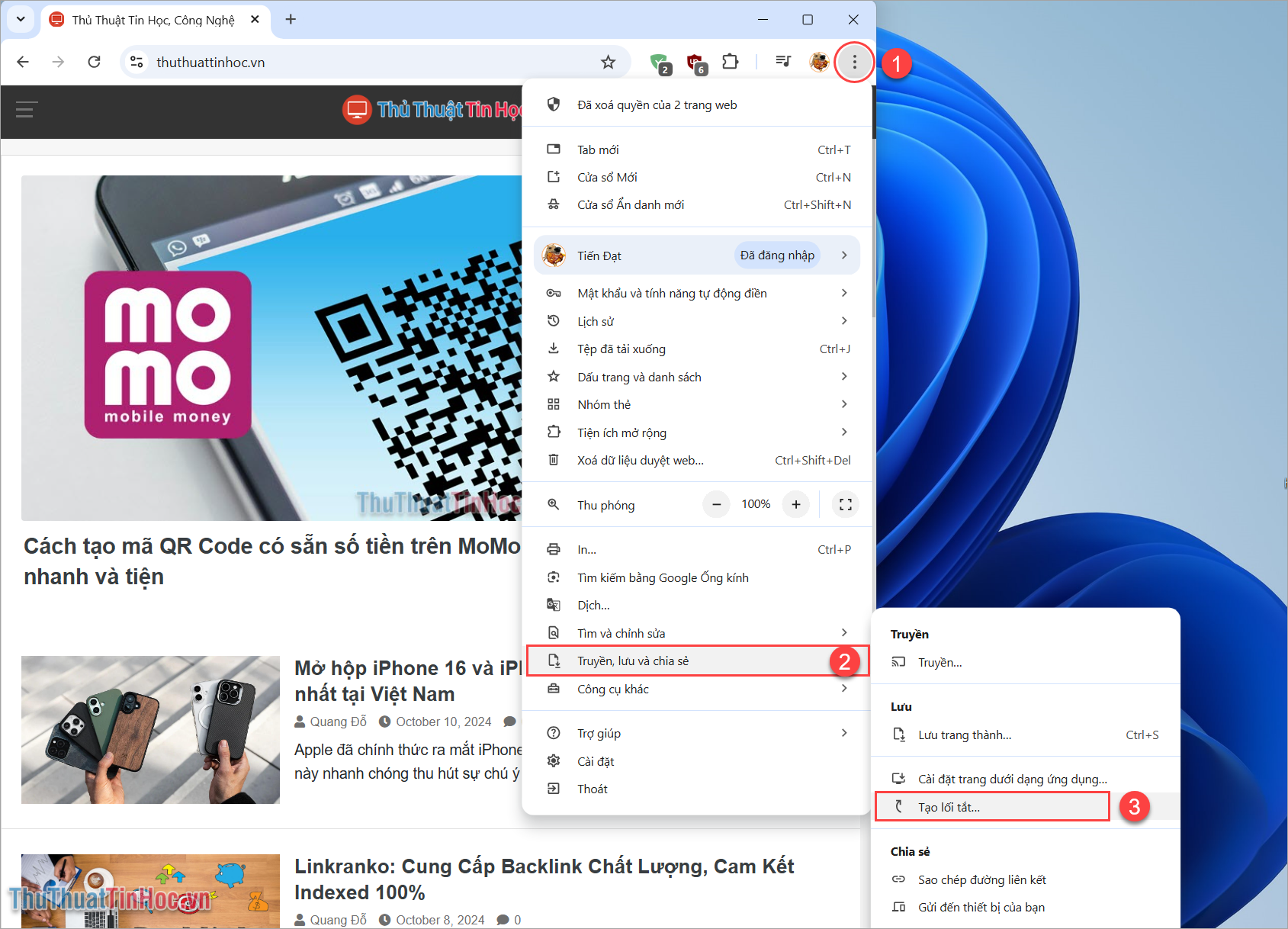 Tùy chọn (1) → Truyền, lưu và chia sẻ (2) → Tạo lối tắt… (3)