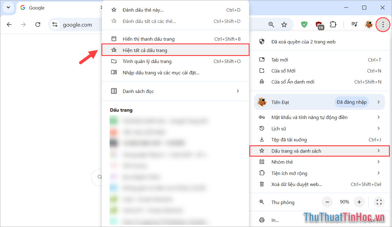 Tùy chọn → Dấu trang và danh sách → Hiện tất cả dấu trang Tùy chọn → Dấu trang và danh sách → Hiện tất cả dấu trang