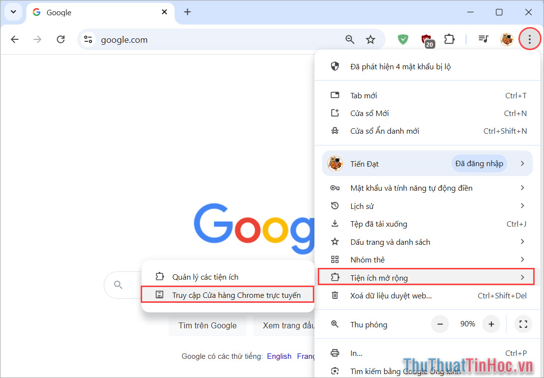 Tùy chọn → Tiện ích mở rộng → Truy cập Cửa hàng Chrome trực tuyến
