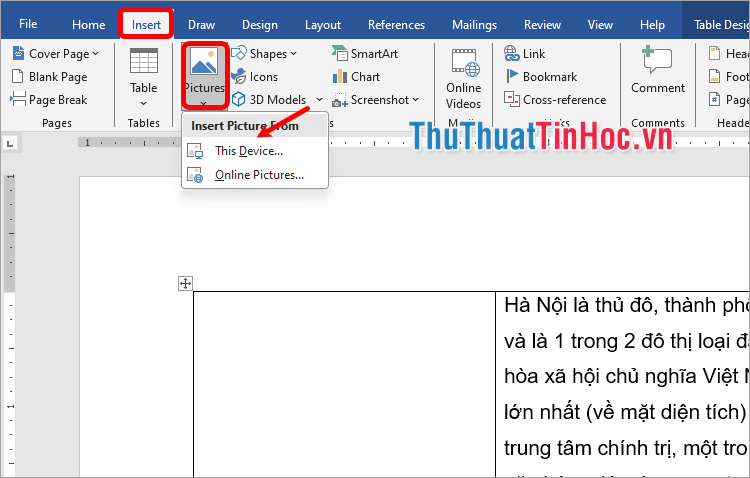 Chèn ảnh bằng cách chọn Insert → Pictures