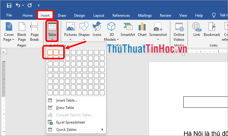 Chọn Insert → Table → chọn 2 cột 1 hàng
