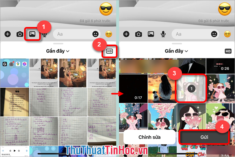 Nhấn biểu tượng hình ảnh và chọn HD, tiếp theo chọn ảnh muốn gửi và ấn Gửi