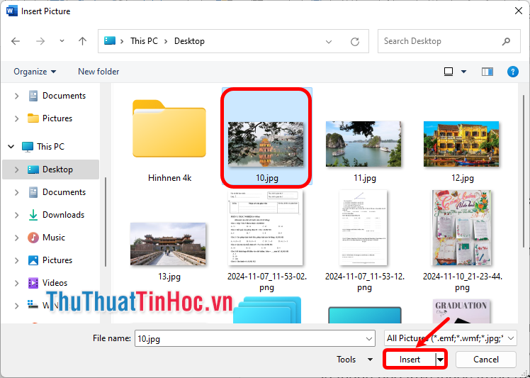 Xuất hiện cửa sổ Insert Pictures bạn chọn đến ảnh cần chèn và ấn Insert