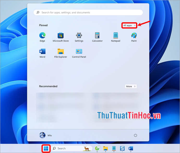 Nhấn chọn menu Start → All apps