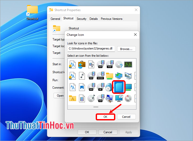 Phần Select an icon from the list below và chọn OK