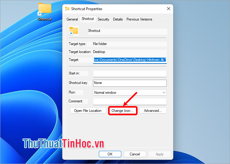 Trong thẻ Shortcut, bạn chọn Change Icon