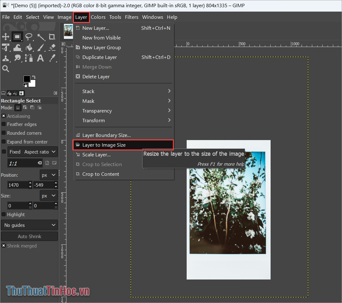 Cắt Layer bằng cách chọn Layer → Layer to Image Size
