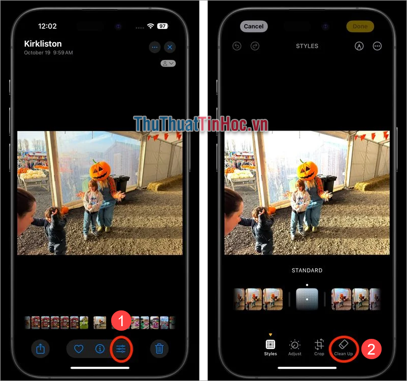 Chỉnh sửa hình ảnh (1) và chọn tính năng Clean Up (2) để xóa người trong ảnh