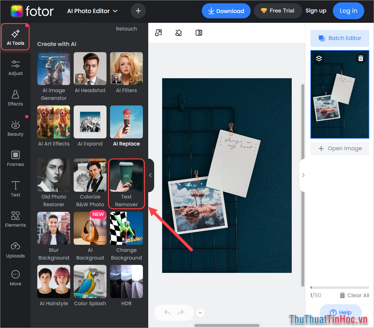 Chọn AI Tools và tìm đến công cụ Text Remover (Xóa chữ)