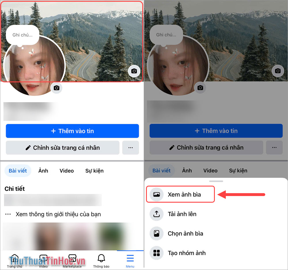 Chọn ảnh bìa trên Facebook và ấn Xem ảnh bìa