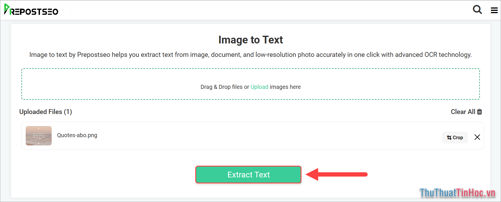Chọn Extract Text để tiến hành phân tách nội dung văn bản từ hình ảnh