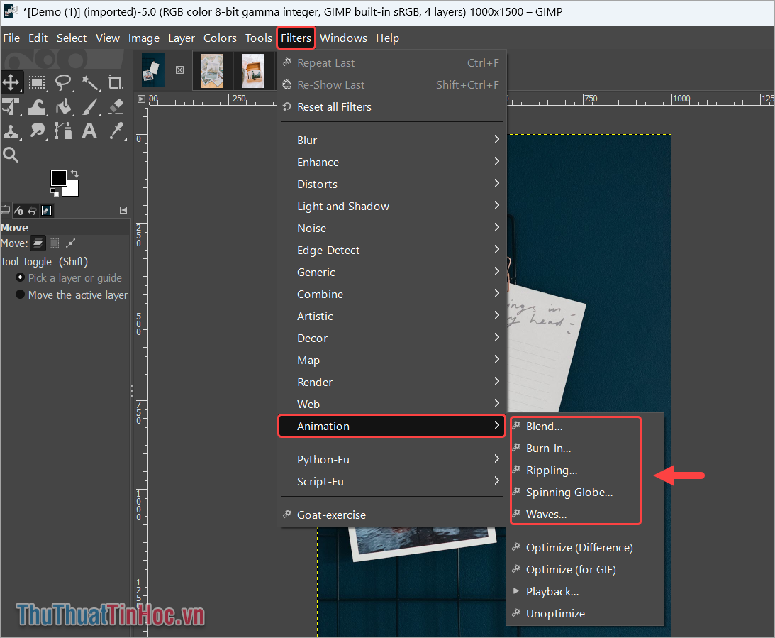 Chọn Filters → Animation → Chế độ tạo ảnh động