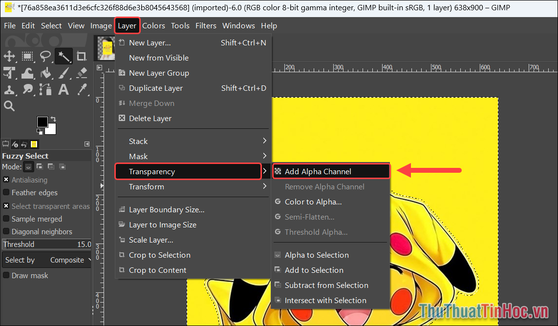 Chọn Layer → Transparency → Add Alpha Channel để tiến hành tách nền