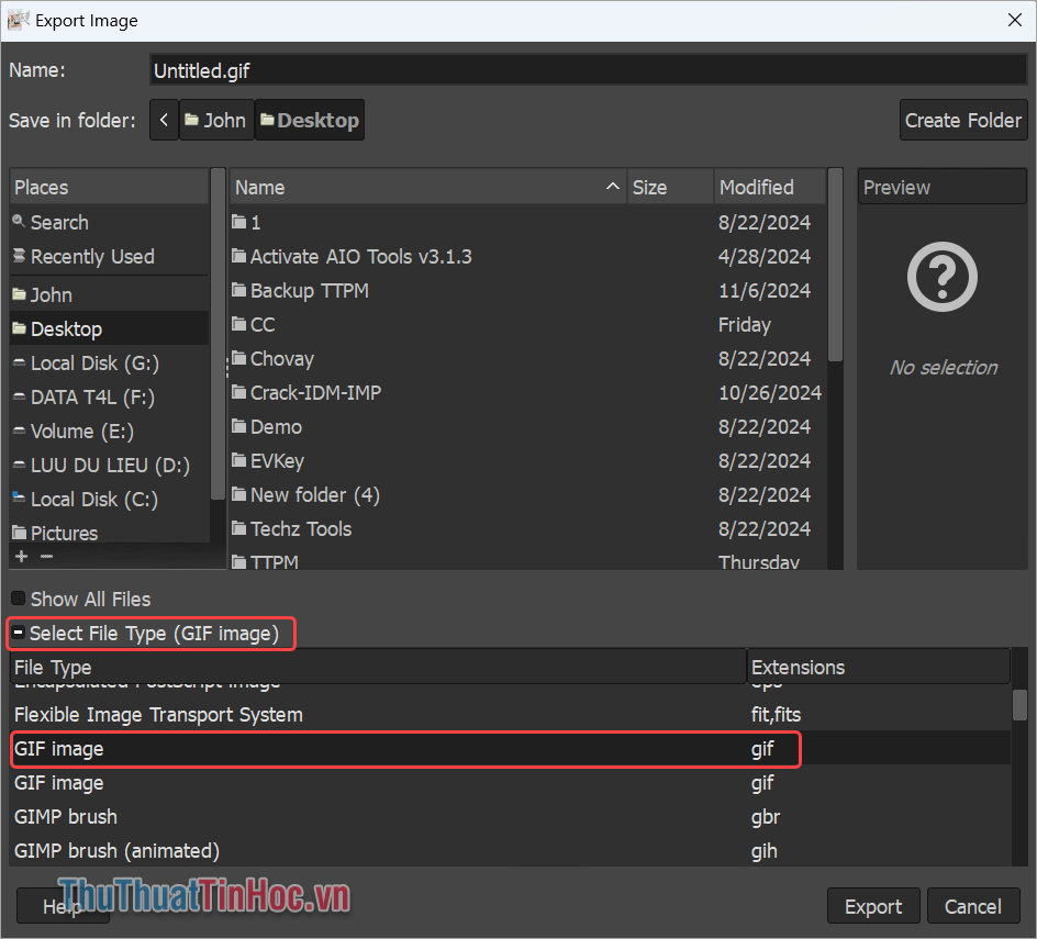 Chọn Select File Type và ấn GIF Image để xuất bản ảnh động gif