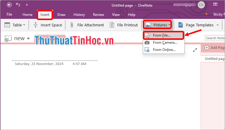 Chọn thẻ Insert → Pictures → From file