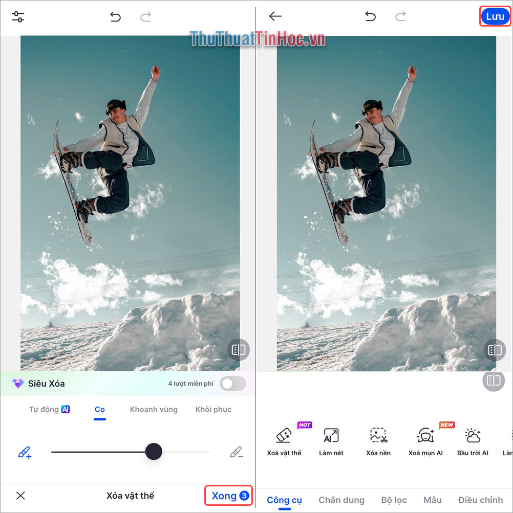Chọn Xong để hoàn tất việc xóa vật thừa và chọn Lưu để tải hình ảnh về máy