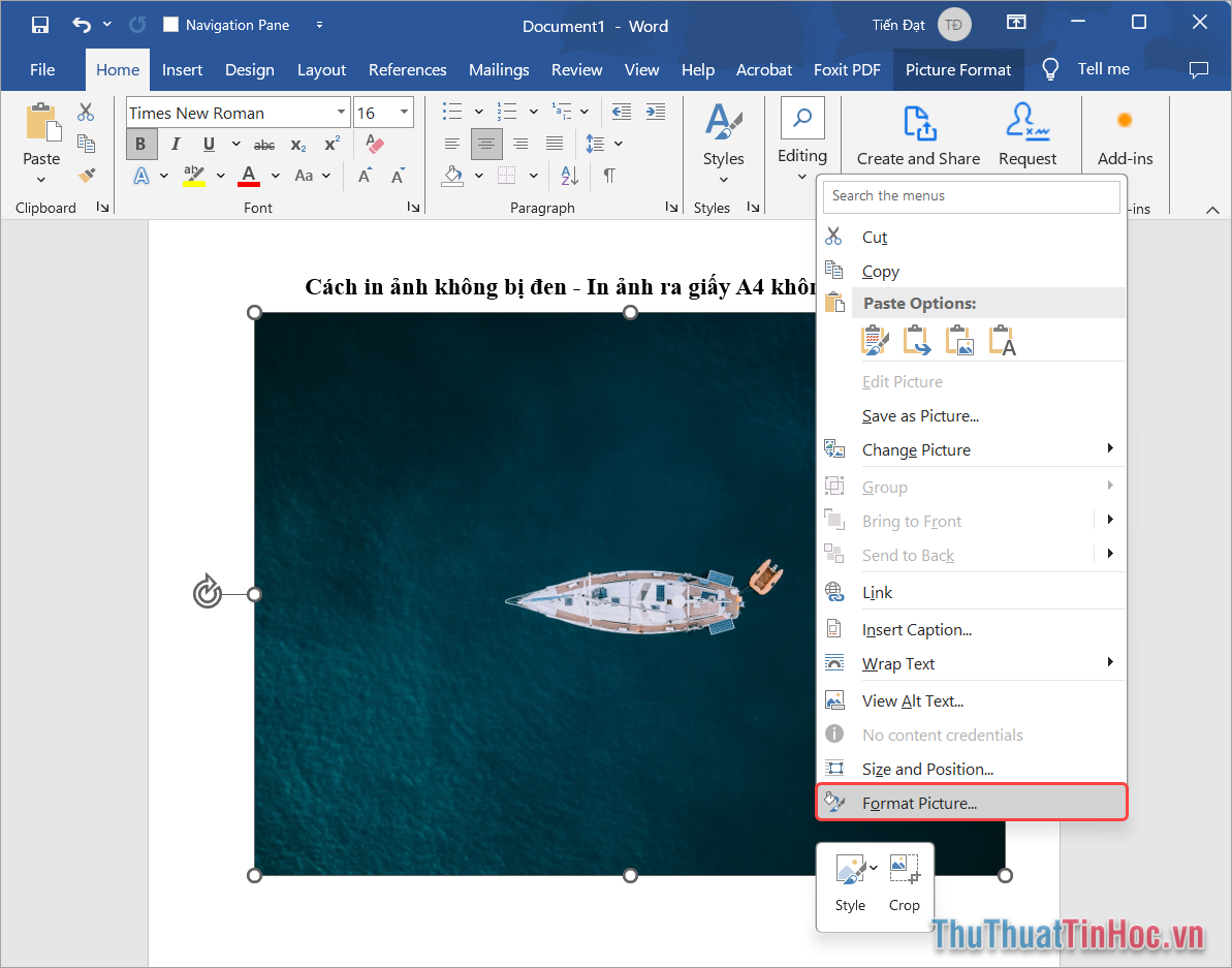 Click chuột phải vào hình ảnh → Format Picture để chỉnh sửa