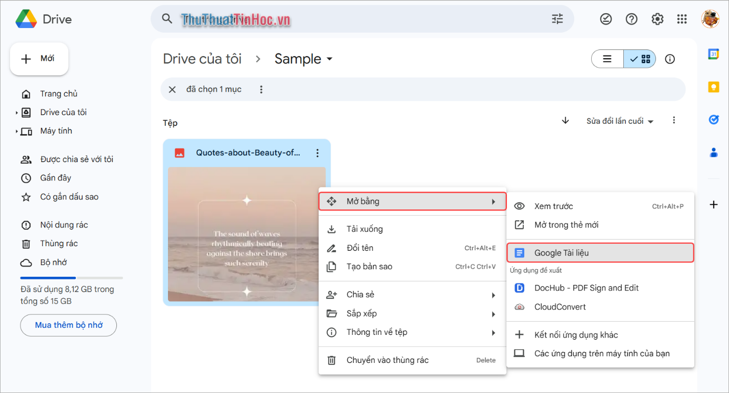 Click chuột phải vào hình ảnh và chọn Mở bằng → Google Tài liệu