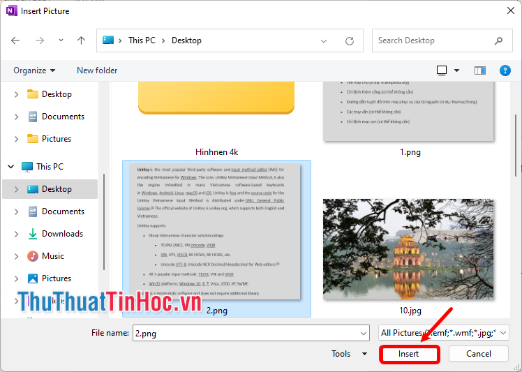 Cửa sổ Insert Picture, chọn đến hình ảnh cần sao chép chữ và ấn Insert