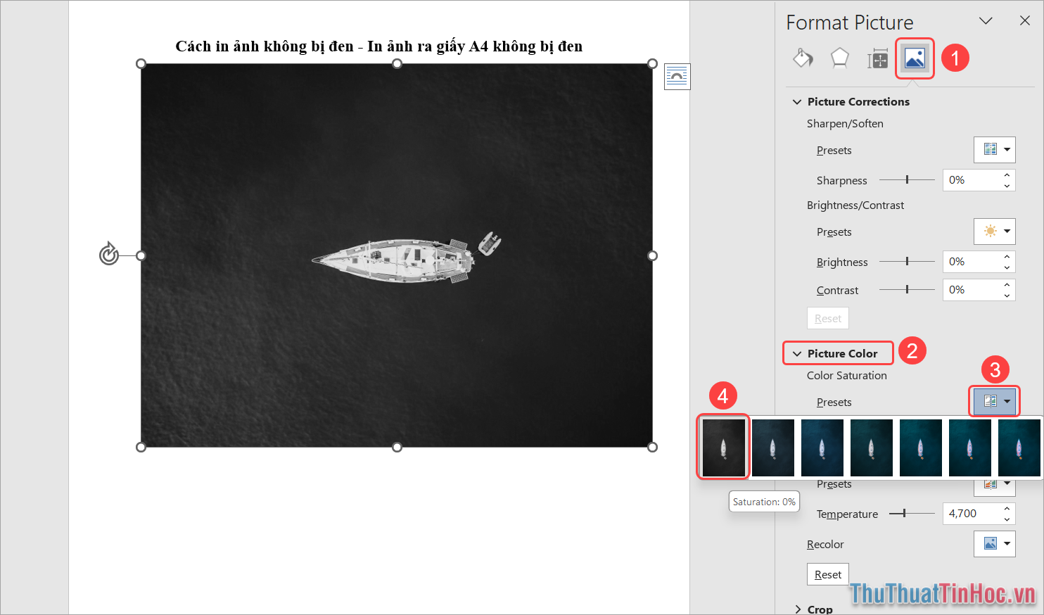 Image (1) → Picture Color (2) → Presets (3) → Màu Black & White (4)