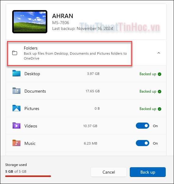 Mở rộng mục Folders - Kiểm tra dung lượng