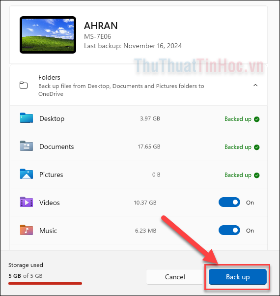 Nhấn chọn Backup