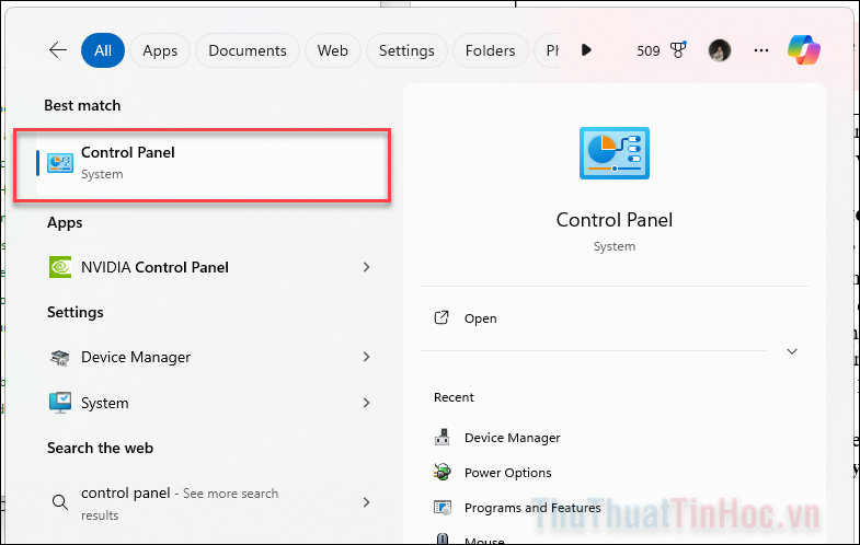 Nhấn tìm kiếm và mở Control Panel