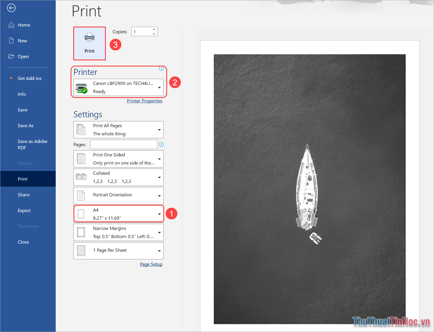 Thiết lập khổ giấy A4 trong mục Paper (1) → Thiết lập máy in (2) → Print (3)