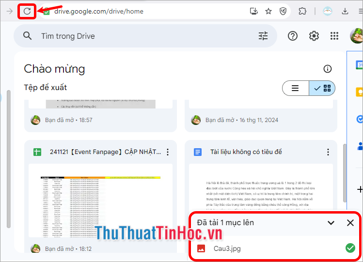 Thực hiện tải lại trang Drive để cập nhật hình ảnh đã tải lên