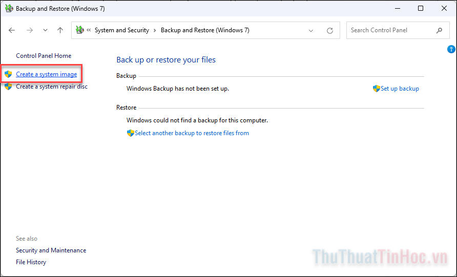 Tiếp theo, bấm vào Create a system image