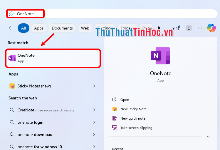 Tìm và mở OneNote trên menu Start