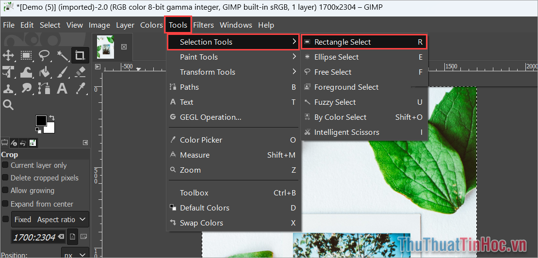 Tools → Selection Tools → Rectangle Select (R) để mở công cụ tạo vùng chọn trên GIMP