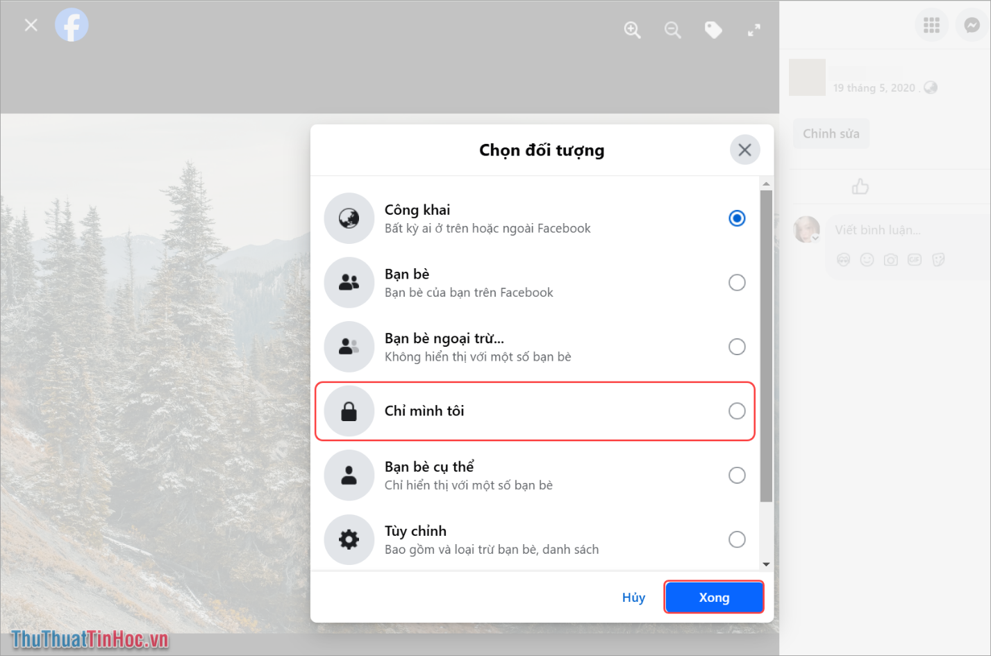 Trong cửa sổ Chọn đối tượng, bạn chọn thiết lập Chỉ mình tôi