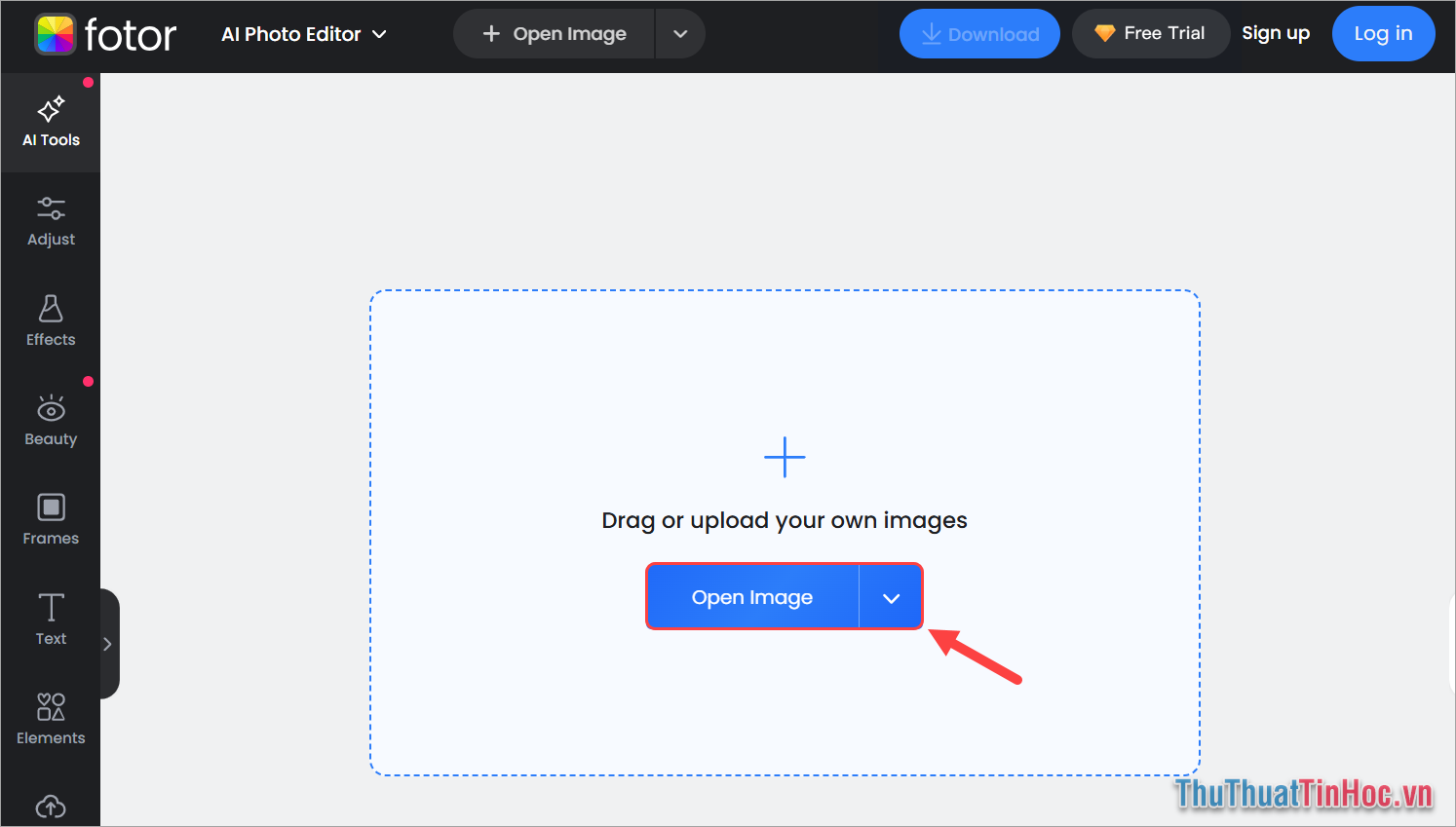 Truy cập Fotor Online, chọn Open Image để tải hình ảnh