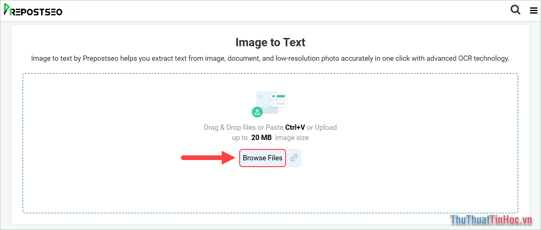 Truy cập Prepostseo và chọn Browse Files để tải hình ảnh