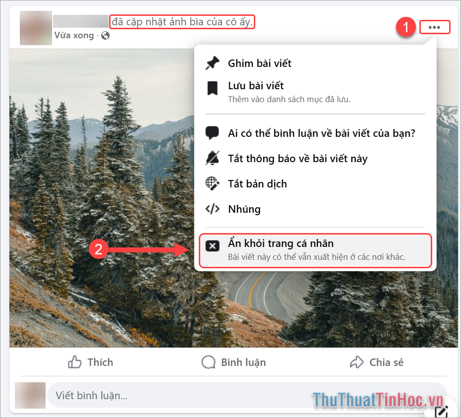 Tùy chọn (1) → Ẩn khỏi trang cá nhân (2)